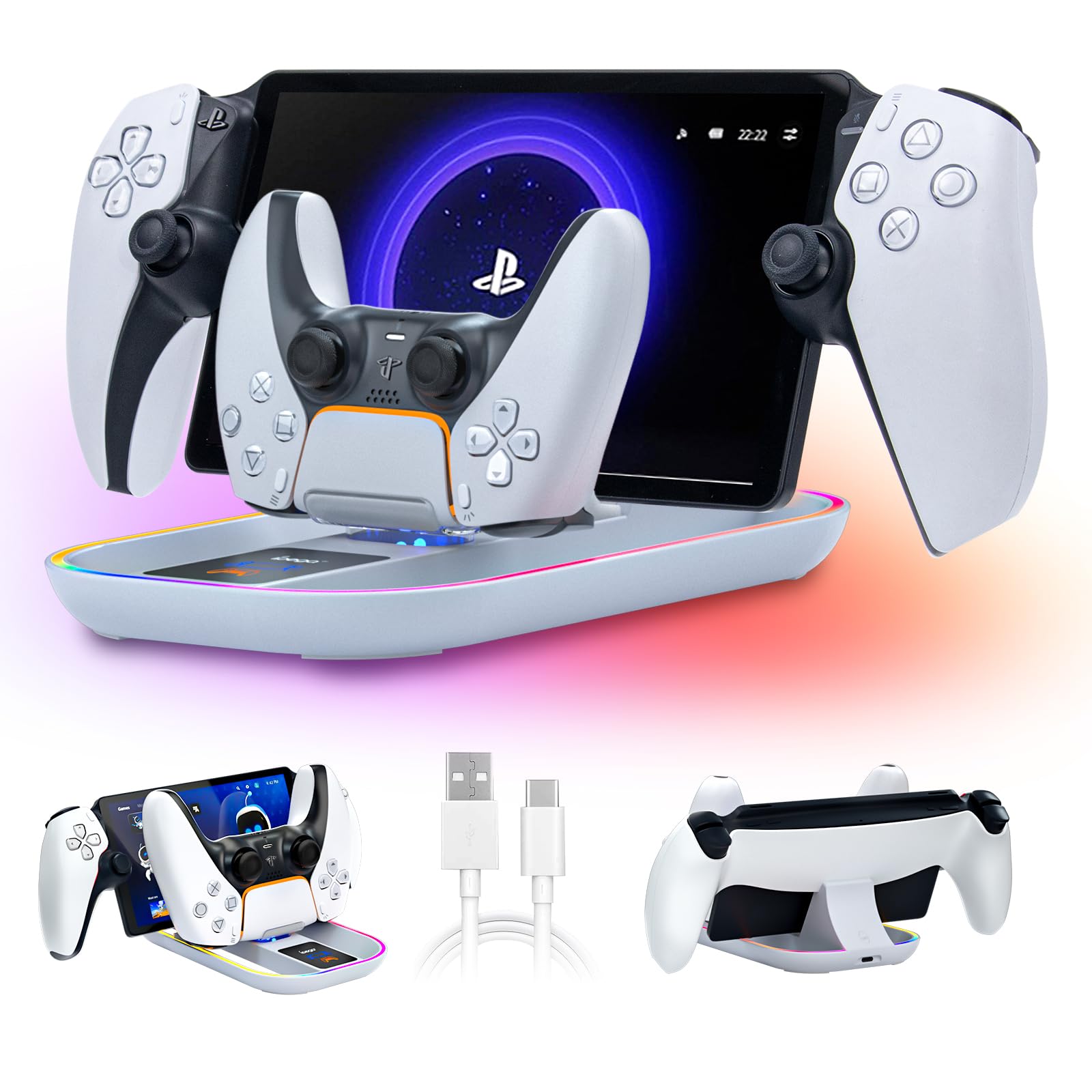 PS5 Portal Charging Station with Cable and RGB Light for Gamers and Remote Players